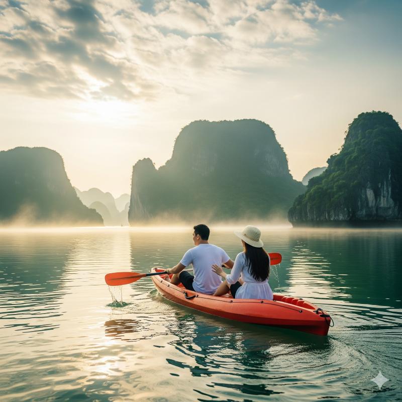 Thuyền kayak lướt qua các đảo đá vịnh Hạ Long buổi sớm