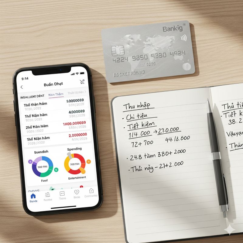 Giao diện ứng dụng ngân hàng Việt quản lý trả góp và kế hoạch chi tiêu