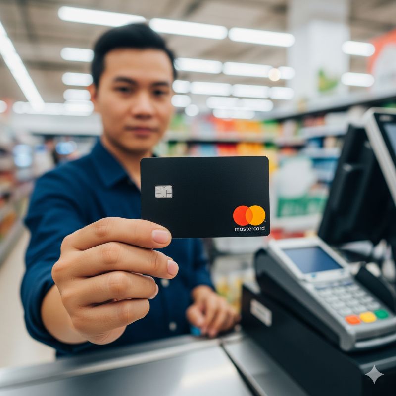 Người Việt cầm thẻ Mastercard thanh toán tại siêu thị