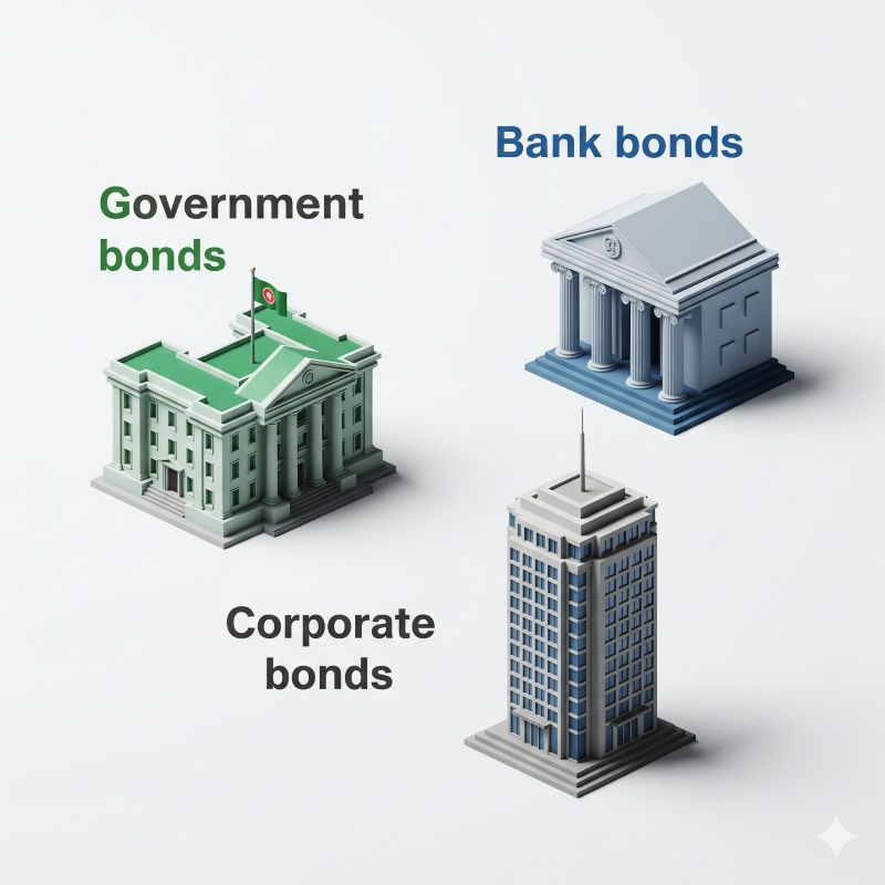 Minh họa trực quan so sánh trái phiếu ngân hàng, chính phủ và doanh nghiệp