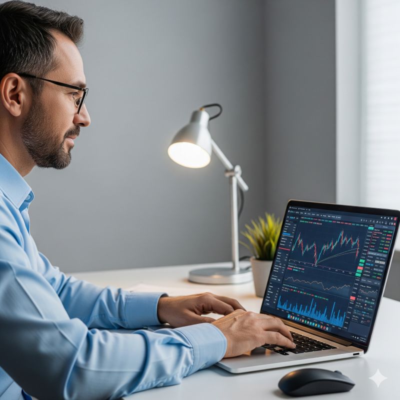 Nhà đầu tư phân tích và đặt lệnh cổ phiếu trên laptop