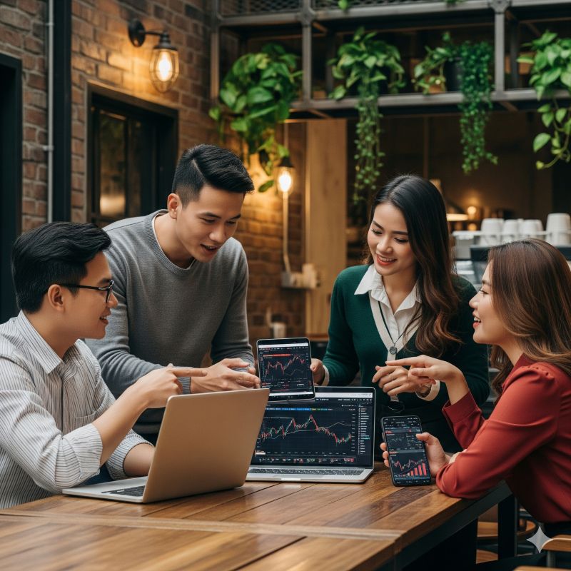 Nhóm bạn Việt tìm hiểu đầu tư cổ phiếu quốc tế tại quán cà phê