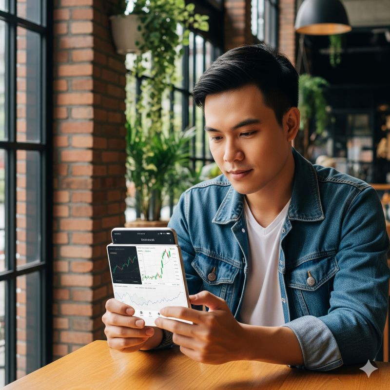 Người trẻ Việt sử dụng app mua cổ phiếu quốc tế tại quán cà phê