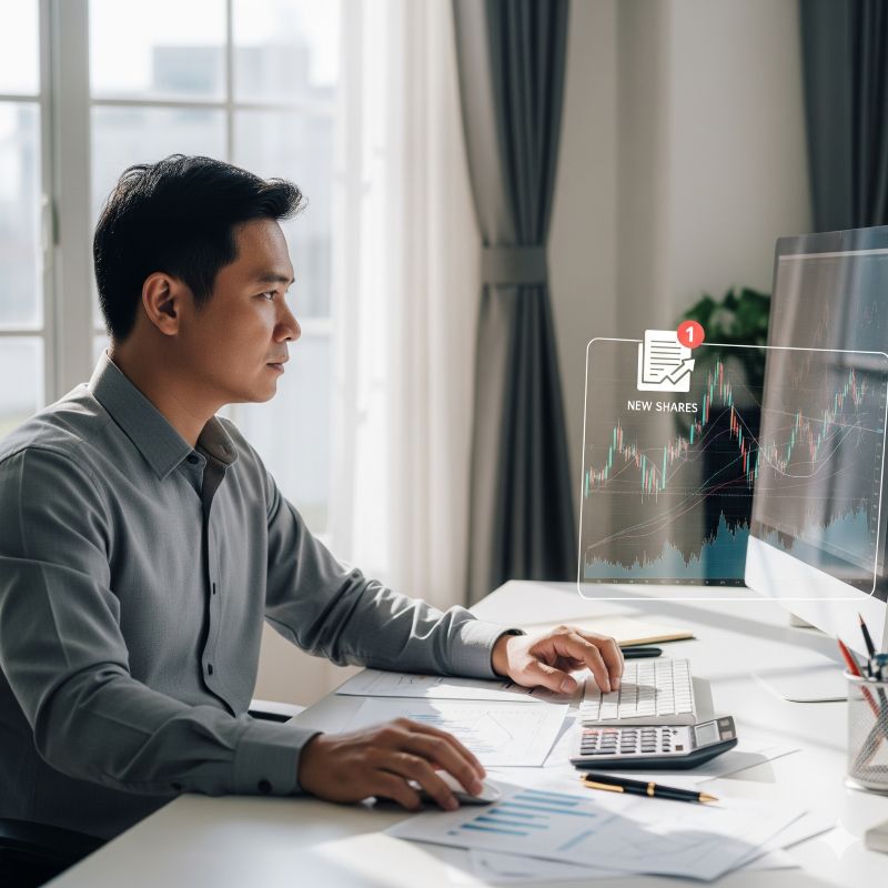 Nhà đầu tư theo dõi thông báo phát hành thêm cổ phiếu trên màn hình