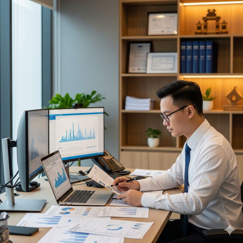 Nhân viên tài chính phân tích báo cáo để lập kế hoạch phát hành cổ phiếu