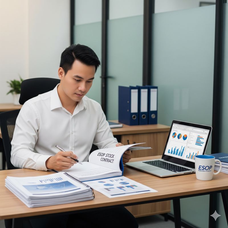 Nhân viên văn phòng tập trung xem xét hợp đồng cổ phiếu ESOP