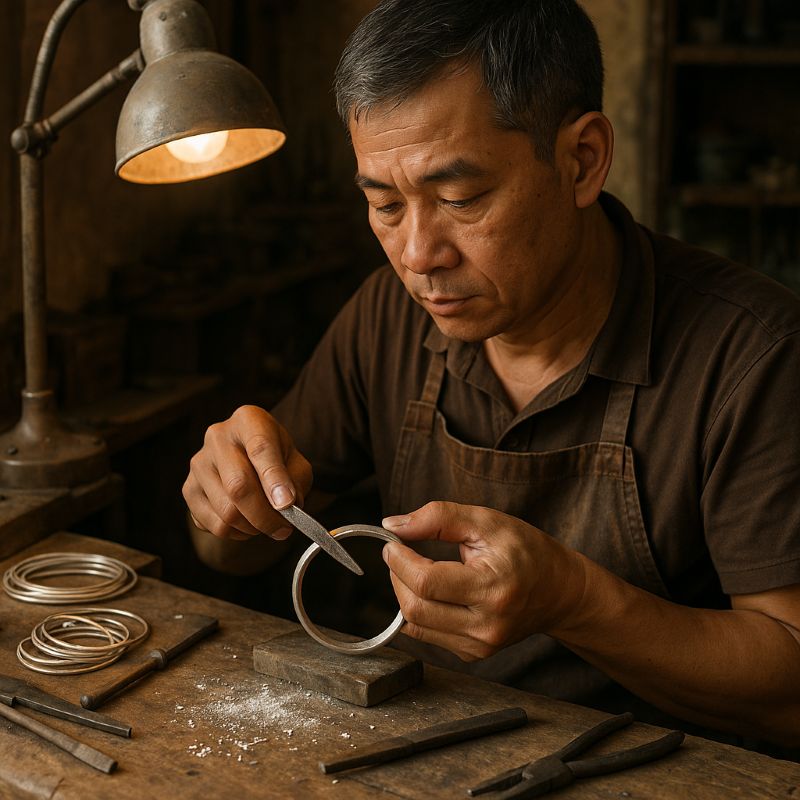 Thợ kim hoàn chế tác bạc 999 thủ công tại xưởng truyền thống
