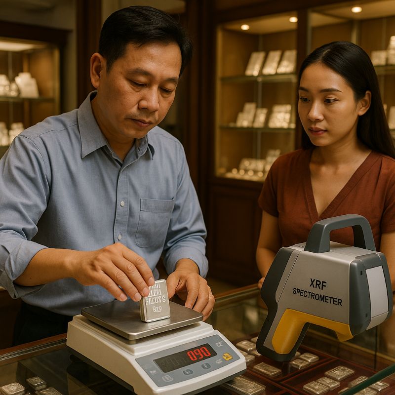 Tiệm vàng kiểm định và định giá thỏi bạc 999 cho khách bán lại
