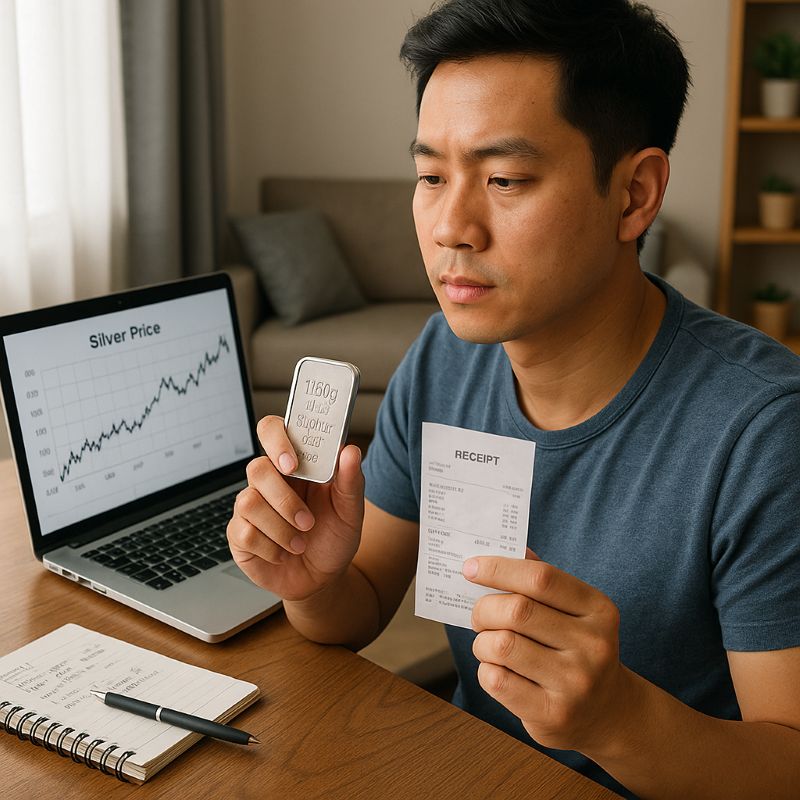 Người dùng chuẩn bị bán lại bạc 999 với hóa đơn và bảng giá thị trường