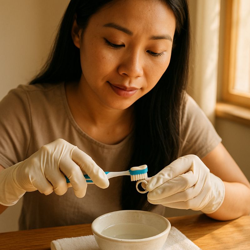 Phụ nữ vệ sinh nhẫn bạc 925 tại nhà bằng kem đánh răng