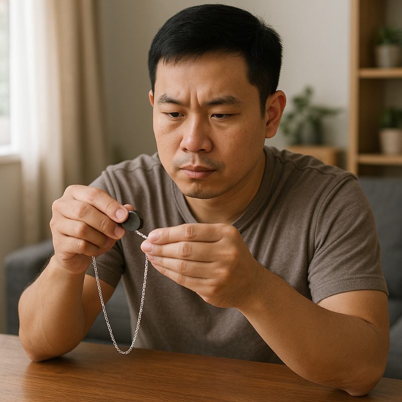 Người đàn ông thử bạc 925 với nam châm tại nhà
