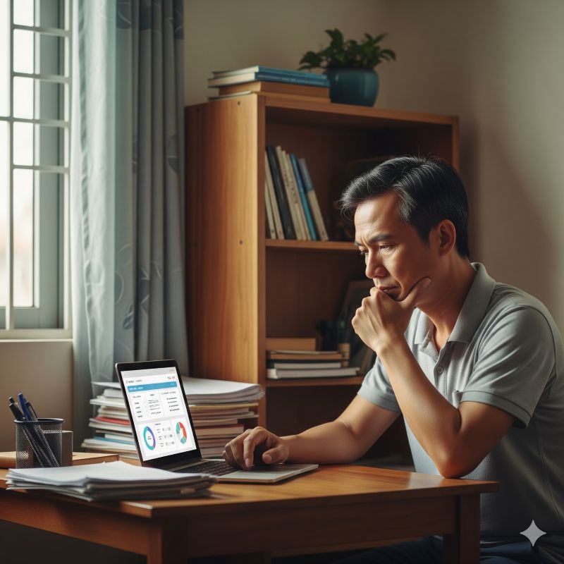 Người đàn ông lo lắng xem báo cáo nợ xấu trên máy tính tại nhà