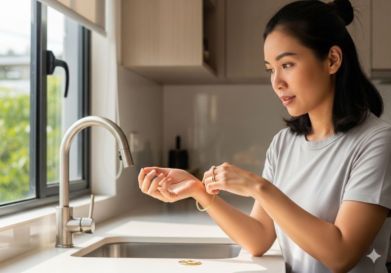 Phụ nữ tháo trang sức bạc 925 mạ vàng trước khi làm việc nhà