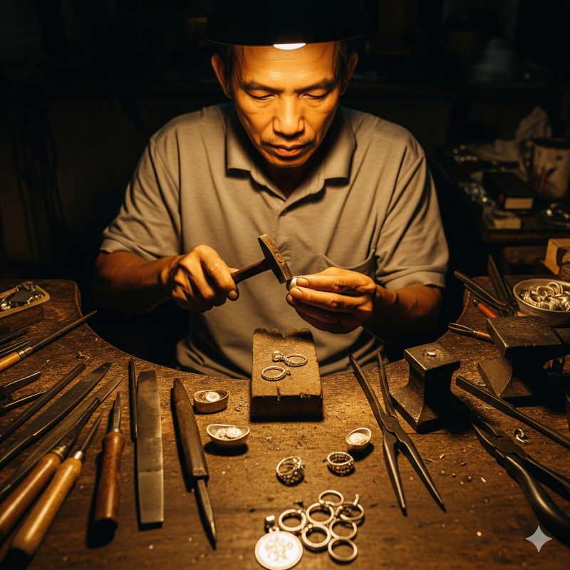 Nghệ nhân chế tác trang sức bạc thủ công trong xưởng truyền thống