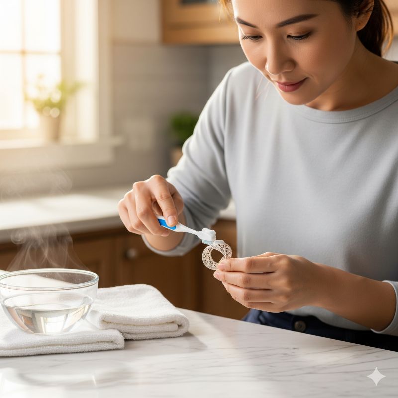 Người phụ nữ làm sạch nhẫn bạc 950 tại nhà bằng kem đánh răng
