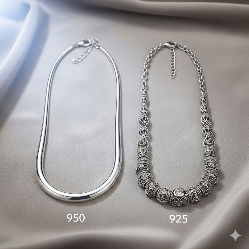 So sánh dây chuyền bạc 950 và bạc 925 đặt trên nền vải nhung