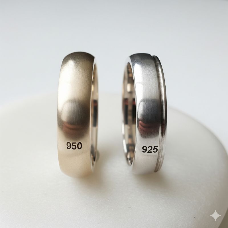 So sánh nhẫn bạc 950 và bạc 925 đặt cạnh nhau trên nền đá sáng