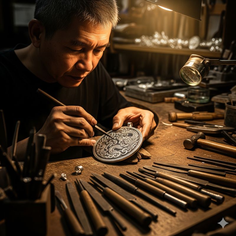 Nghệ nhân Thái Lan khắc họa tiết bạc Thái truyền thống tại xưởng
