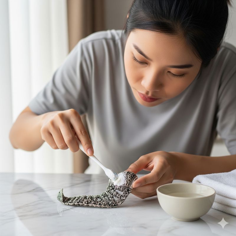 Làm sạch bạc Thái tại nhà bằng bàn chải và baking soda giấm