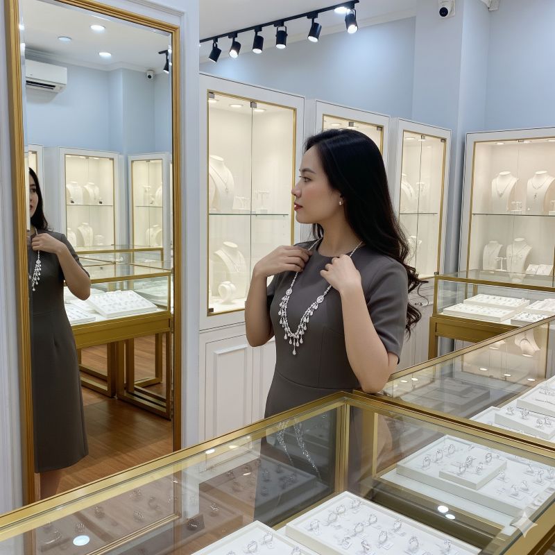 Người phụ nữ thử dây chuyền bạc 925 trong cửa hàng trang sức sang trọng