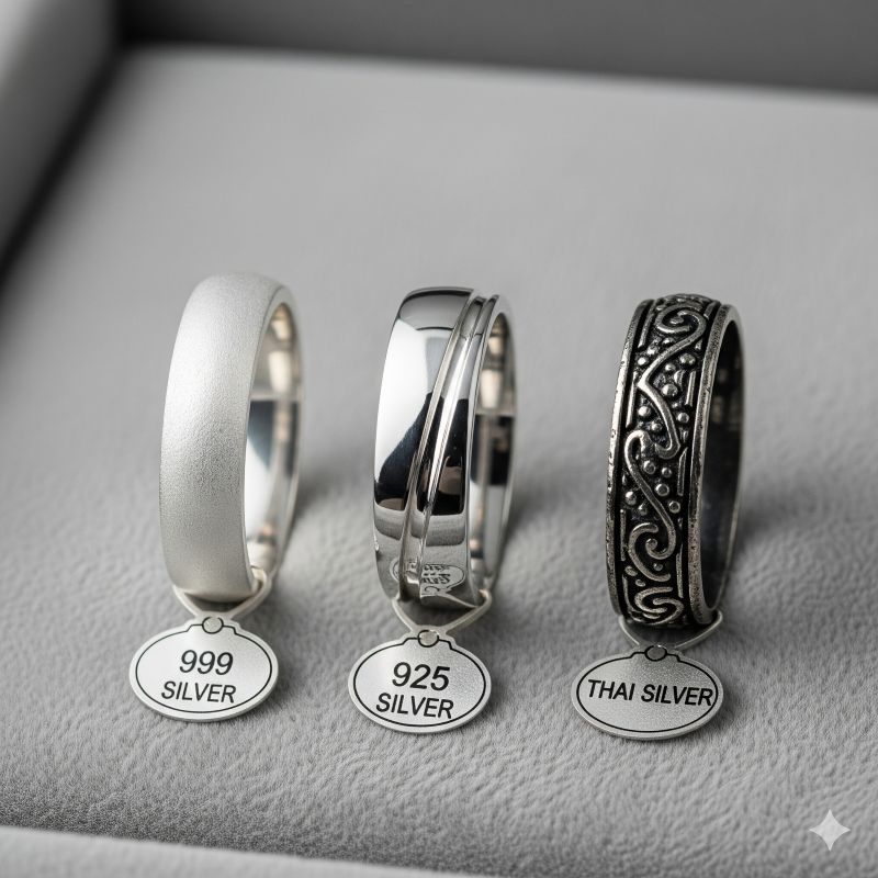 So sánh nhẫn bạc 999, bạc 925 và bạc Thái đặt cạnh nhau