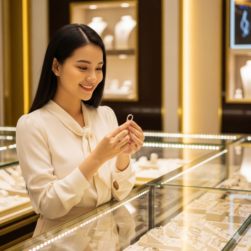 Khách hàng trẻ chọn trang sức bạc xi tại cửa hàng trang sức