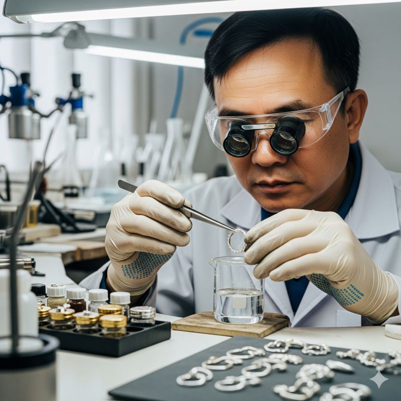 Thợ kim hoàn đang mạ xi nhẫn bạc bằng công nghệ điện phân