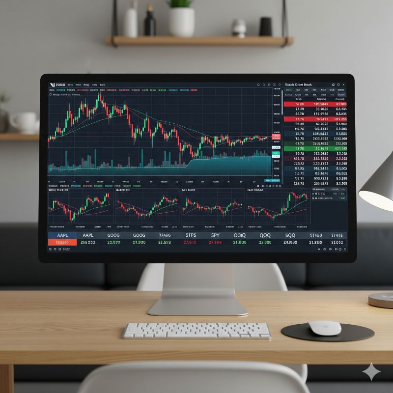 Giao diện nền tảng giao dịch chứng khoán quốc tế với biểu đồ kỹ thuật