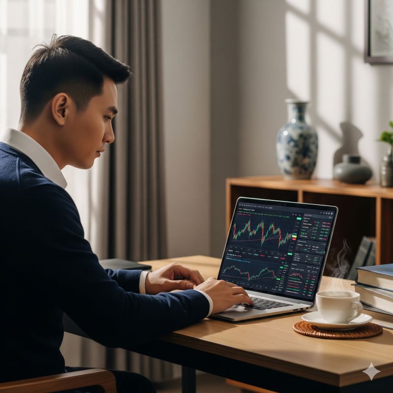 Nhà đầu tư trẻ đang giao dịch chứng khoán quốc tế trên laptop tại nhà