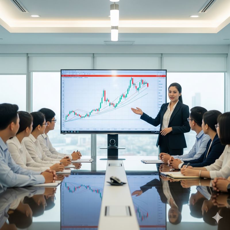 Chuyên viên tài chính thuyết trình về chỉ số HNX Index cho nhà đầu tư