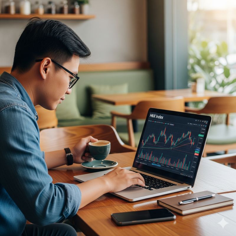 Nhà đầu tư trẻ phân tích biểu đồ chỉ số HNX Index trên laptop