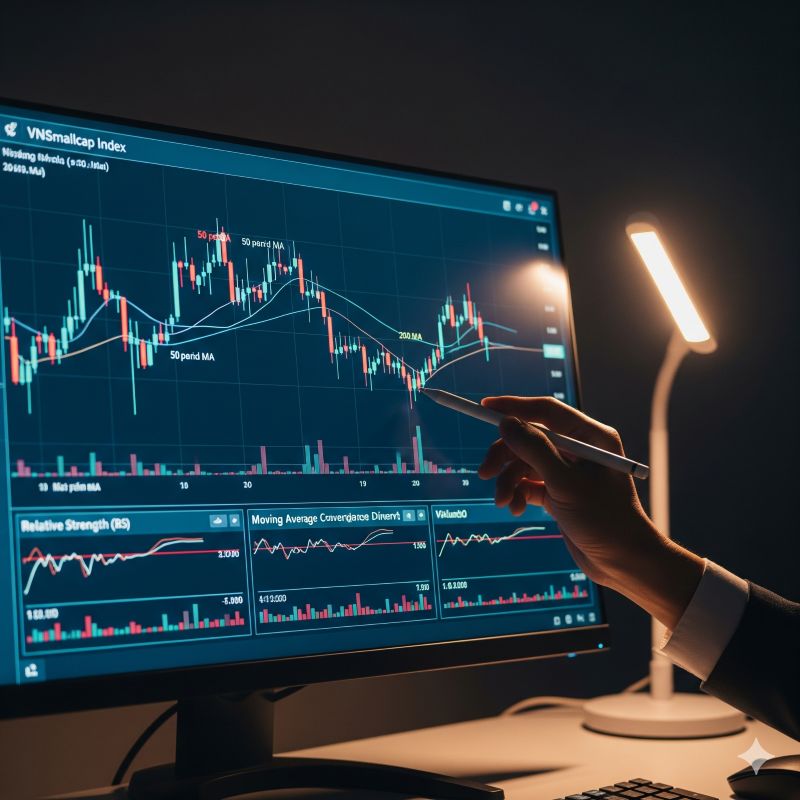 Biểu đồ kỹ thuật thể hiện chỉ số VNSmallcap với các chỉ báo phân tích