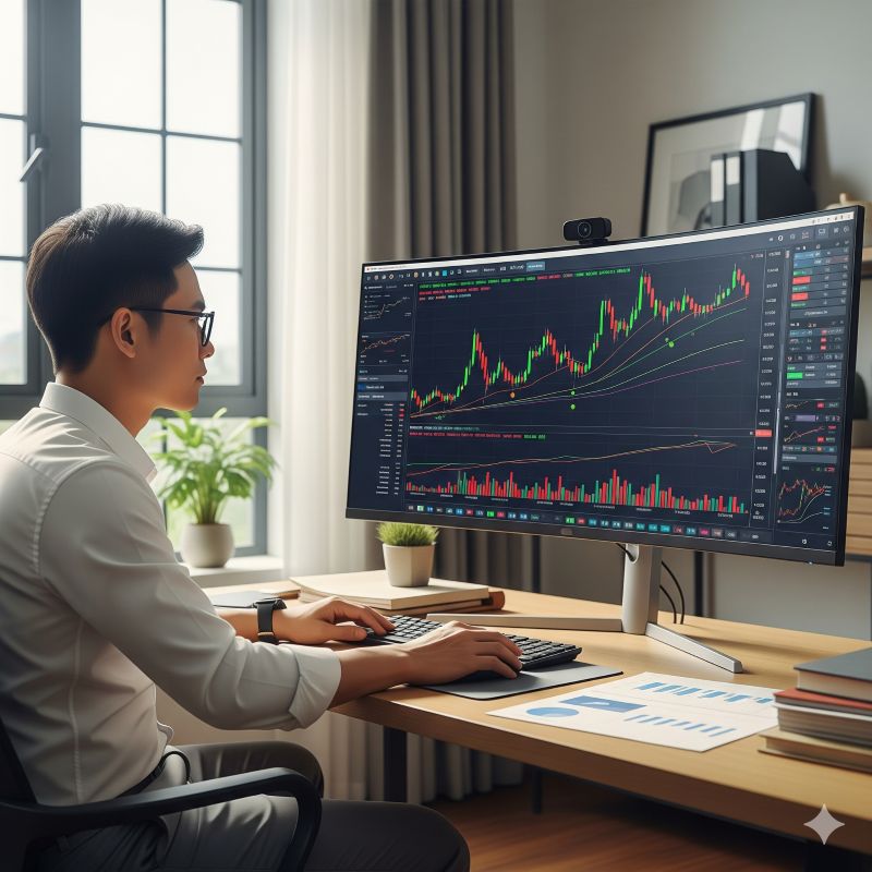 Nhà đầu tư phân tích chỉ số VNSmallcap trên màn hình máy tính tại nhà