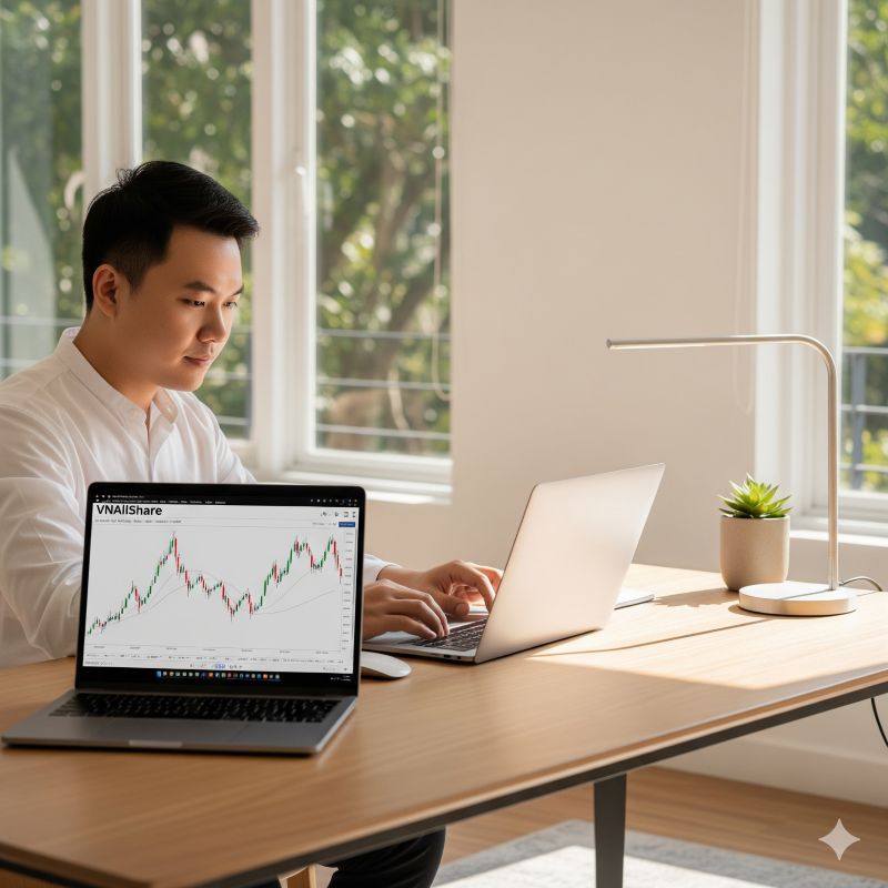 Nhà đầu tư phân tích chỉ số VNAllShare trên màn hình máy tính cá nhân