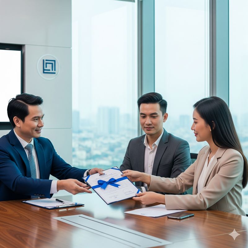 Đại diện ngân hàng trao thư bảo chứng cho doanh nghiệp tại văn phòng