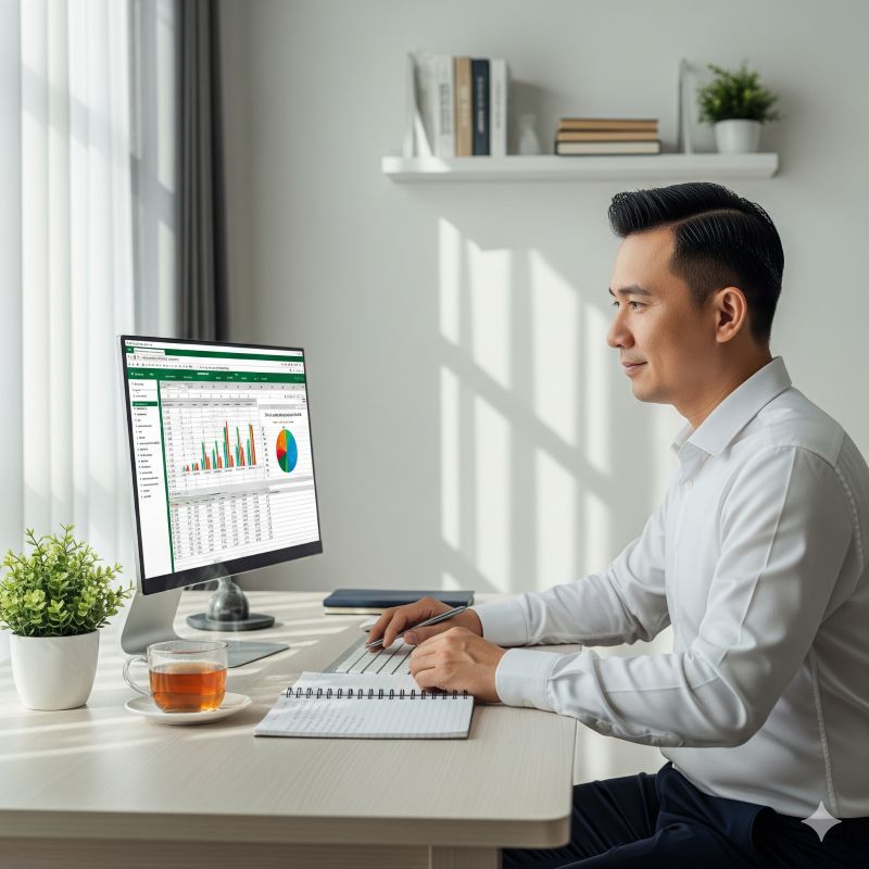 Doanh nhân trung niên theo dõi chi tiêu bằng bảng Excel tại phòng làm việc