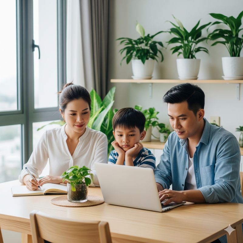 Gia đình trẻ cùng nhau lập kế hoạch chi tiêu tại nhà hiện đại