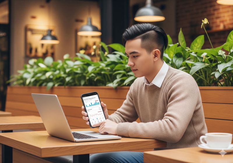 Nhà đầu tư trẻ theo dõi lãi suất trái phiếu trên điện thoại tại quán cà phê