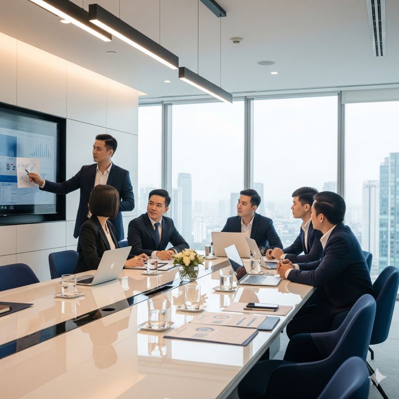 Lãnh đạo doanh nghiệp họp bàn chiến lược doanh thu và chi phí