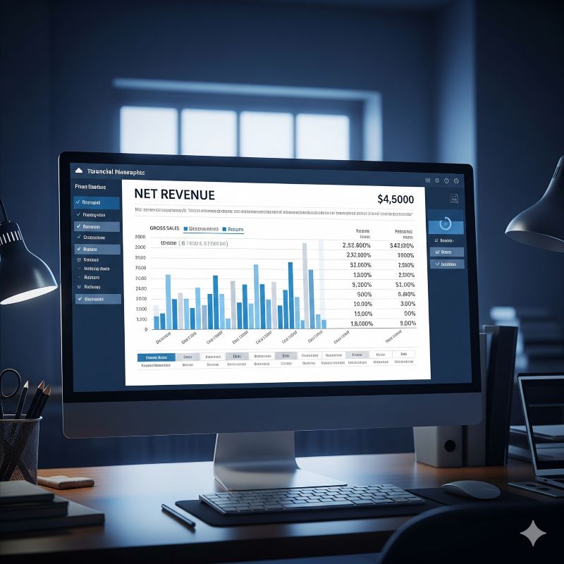 Biểu đồ doanh thu thuần chi tiết trên màn hình máy tính