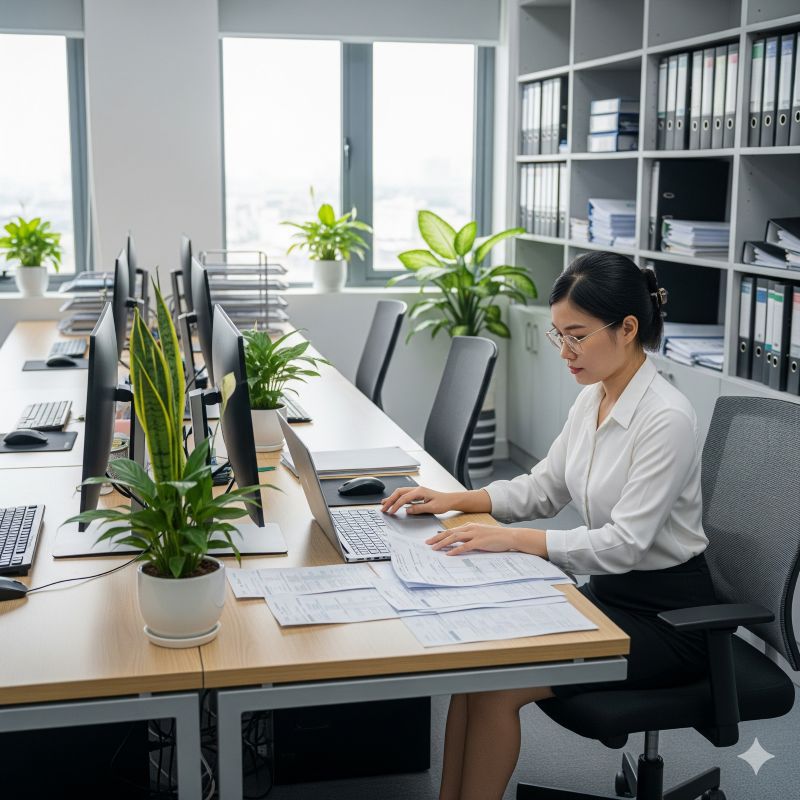 Nhân viên kế toán đối chiếu doanh thu và hóa đơn trong văn phòng