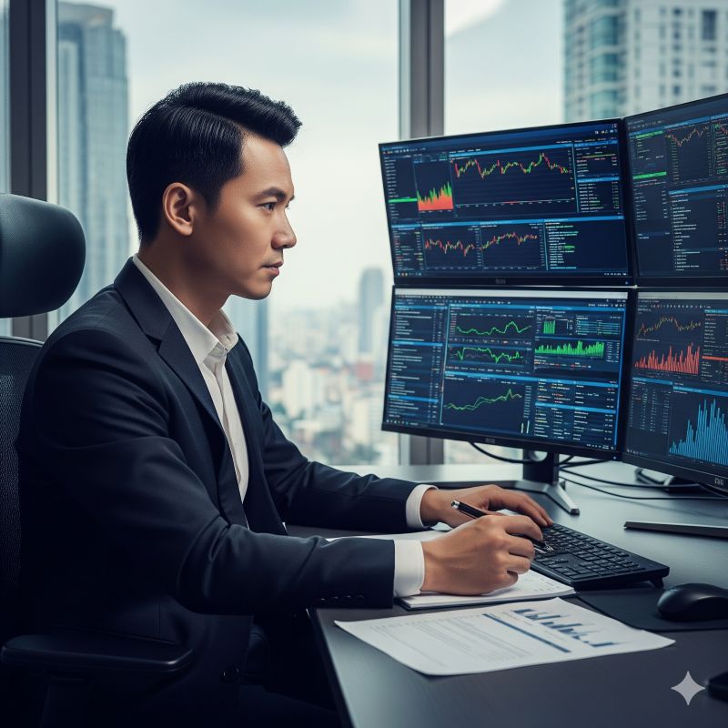 Nhà quản lý quỹ phân tích dữ liệu tài chính tại văn phòng đầu tư cao cấp