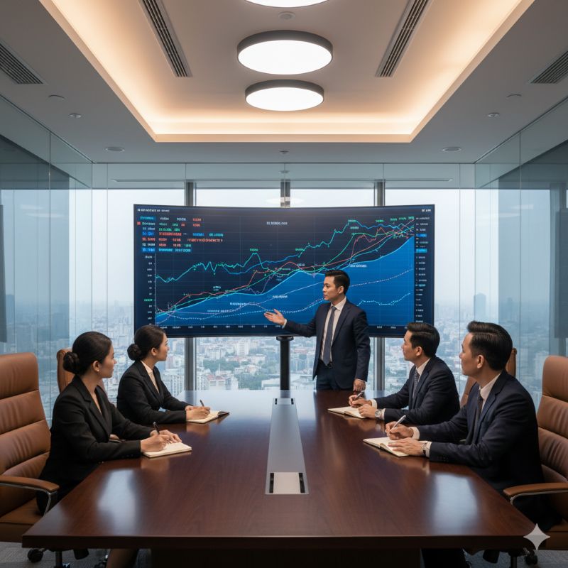 Nhà đầu tư thảo luận chiến lược tại phòng họp tài chính hiện đại