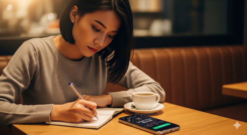 Nhà đầu tư trẻ ghi chép chiến lược chốt lời khi cổ phiếu đạt giá mục tiêu