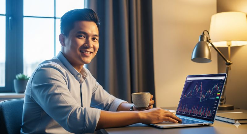 Nhà đầu tư chốt lời cổ phiếu thành công trên laptop tại văn phòng tại nhà