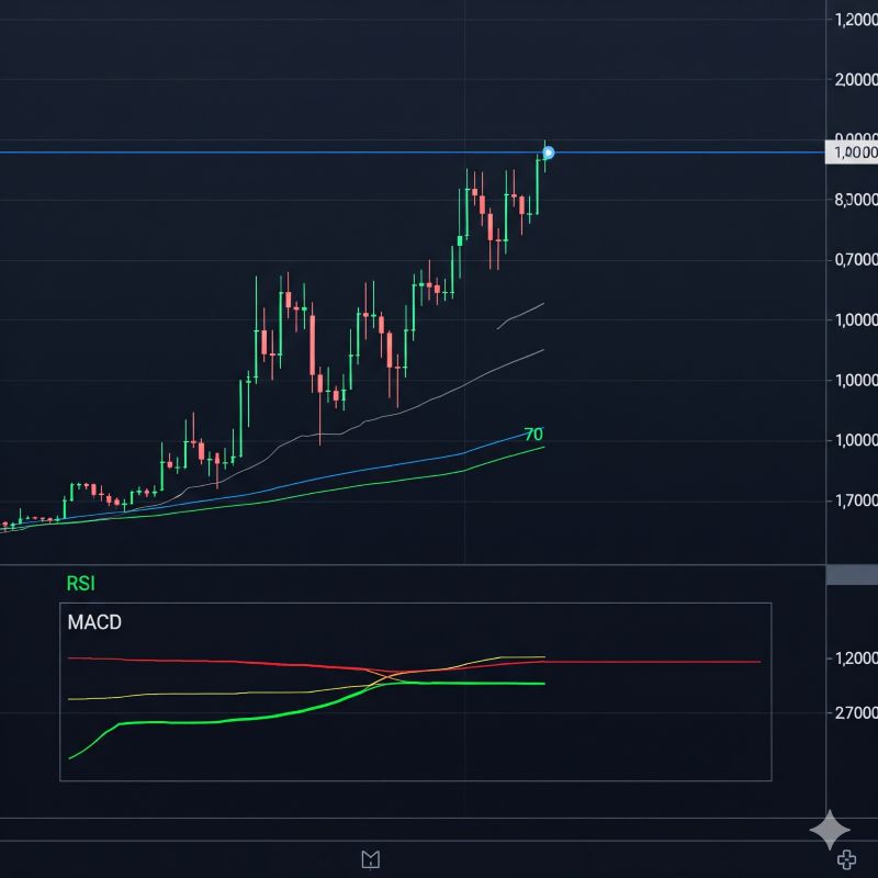 Biểu đồ kỹ thuật cổ phiếu với tín hiệu RSI và MACD cho thấy điểm chốt lời