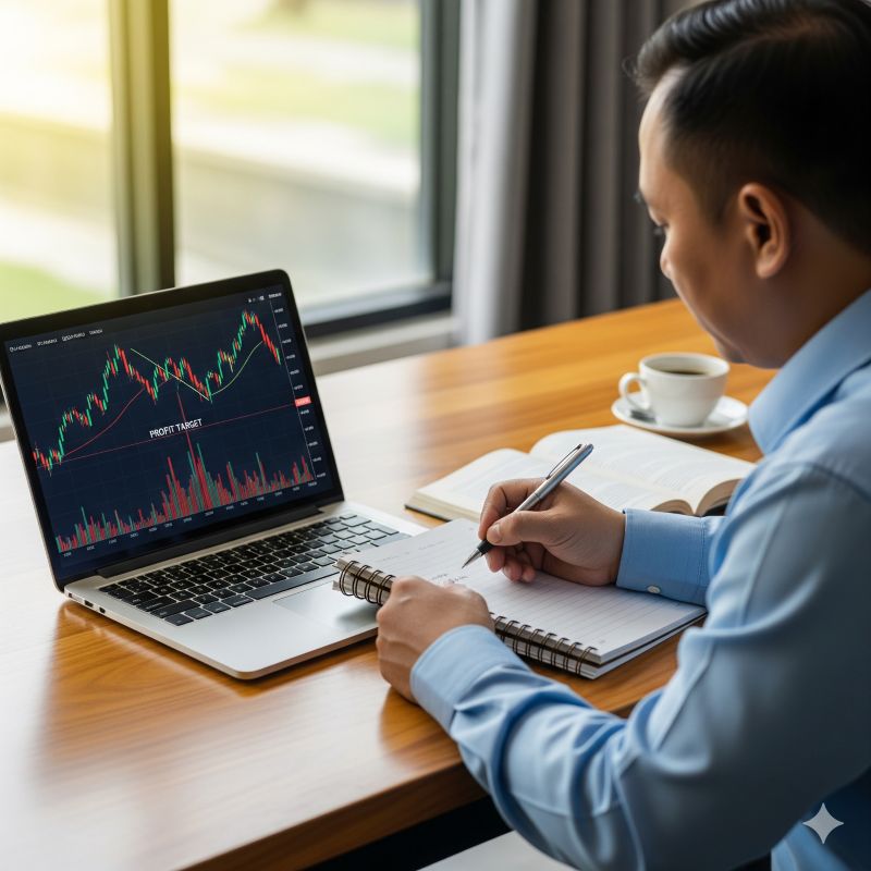 Nhà đầu tư ghi chép chiến lược chốt lời cổ phiếu bên cạnh biểu đồ giá tăng mạnh