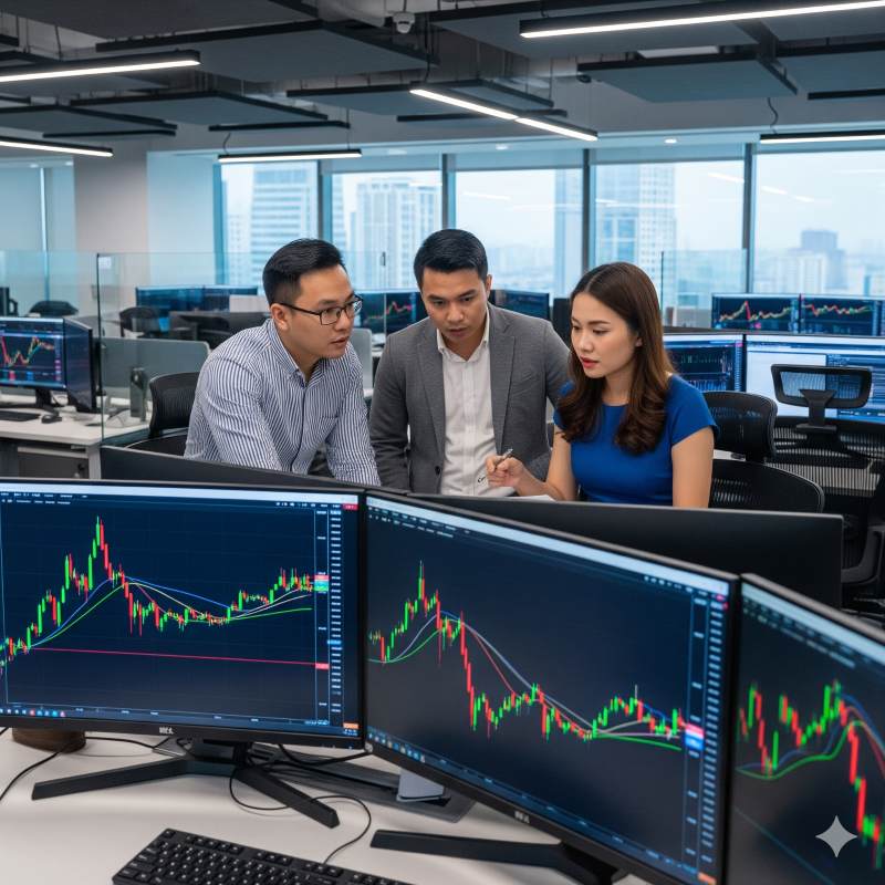 Nhà đầu tư theo dõi biểu đồ VND/USD và thị trường chứng khoán