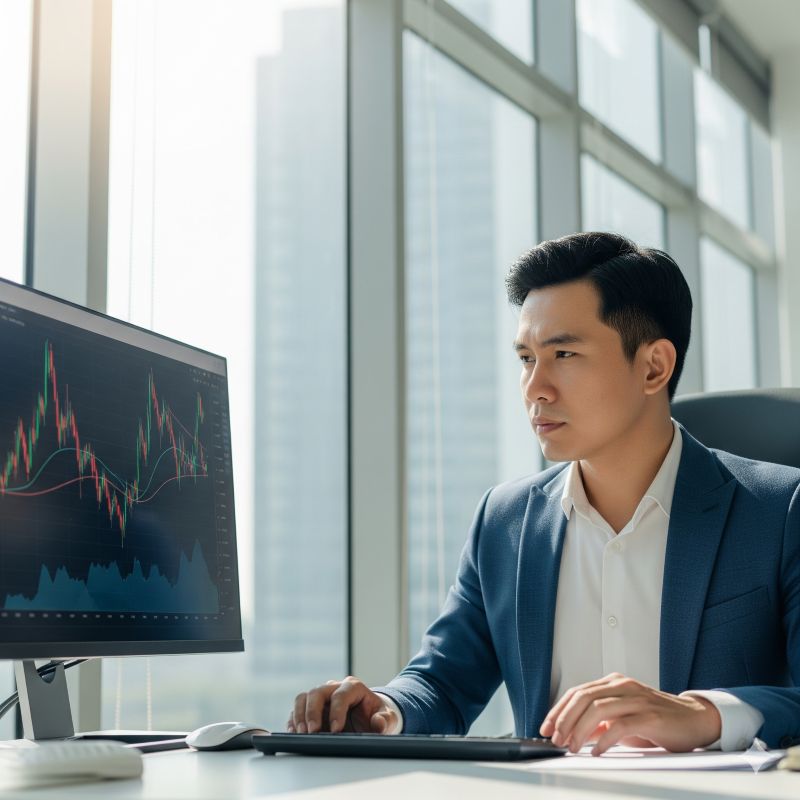 Nhà đầu tư phân tích biểu đồ lãi suất Fed trên màn hình máy tính