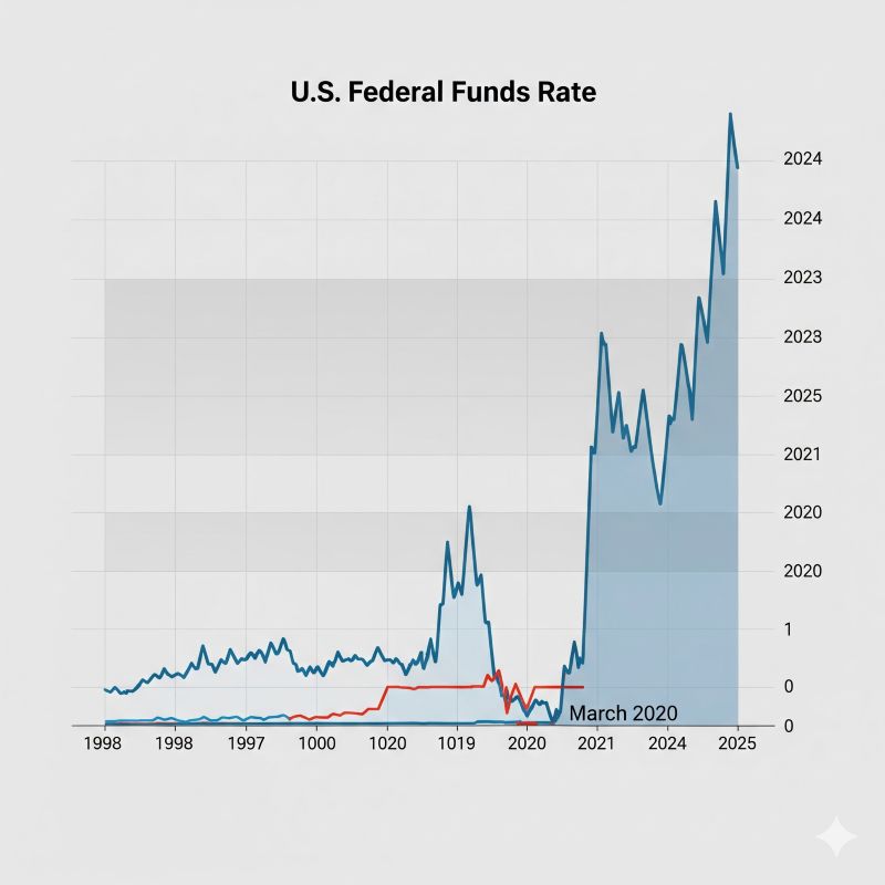 Biểu đồ tuyến mô tả lãi suất Fed từ 1998 đến 2025 với các mốc kinh tế chính